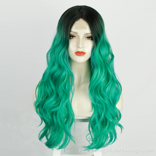 Vigorous Cheap Vendor Ombre Swiss Lace Synthetic Hair Wholesale Cosplay Long Curly Body Wave Green Black Women Lace Front Wigs